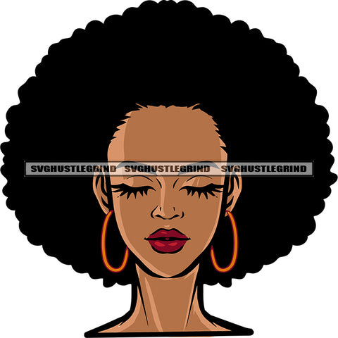 African American Girls Close Eyes Afro Short Hairstyle Design Element Melanin Girls Wearing Hoop Earing Vector White Background SVG JPG PNG Vector Clipart Cricut Silhouette Cut Cutting