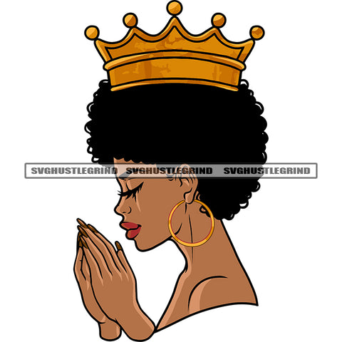 Hard Praying Hand Crown On Hand African American Girls Close Eyes Afro Short Hairstyle Design Element Melanin Girls Wearing Hoop Earing Vector White Background SVG JPG PNG Vector Clipart Cricut Silhouette Cut Cutting
