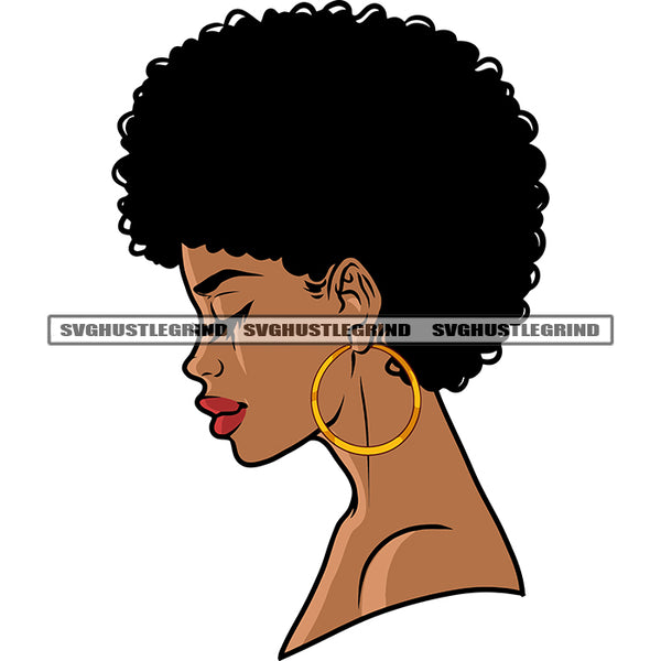 Smile Face African American Gangster Woman Close Eyes Melanin Woman Wearing Hoop Earing Close Eyes White Background SVG JPG PNG Vector Clipart Cricut Silhouette Cut Cutting
