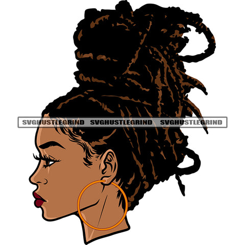 Locus Hairstyle African American Woman Head Design Element Afro Girls Wearing Hoop Earing Side Face White Background SVG JPG PNG Vector Clipart Cricut Silhouette Cut Cutting