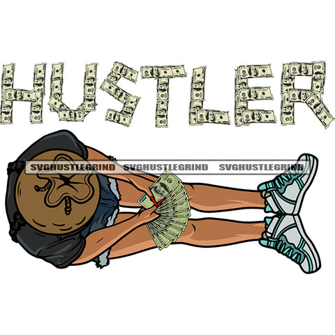 Hustler Quote African American Woman Sitting Pose Hide Face And Showing Money Note Melanin Girls Wearing Cowboy Hat Design Element SVG JPG PNG Vector Clipart Cricut Silhouette Cut Cutting