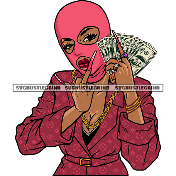 Gangster African American Woman Hand Holding Money Note Showing Middle Finger Afro Girls Wearing Red Color Ski Mask Design Element White Background SVG JPG PNG Vector Clipart Cricut Silhouette Cut Cutting