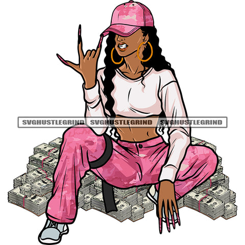 Melanin Woman Sitting Pose Swag Hand Sign Design Element African American Woman Wearing Cap And Hoop Earing Angry Face Lot Of Money Bundle On Floor Design Element SVG JPG PNG Vector Clipart Cricut Silhouette Cut Cutting