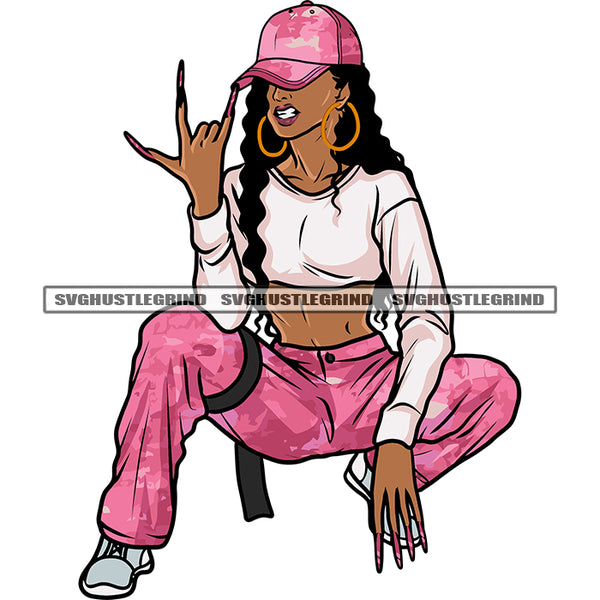 Melanin Woman Sitting Pose Swag Hand Sign Design Element African American Woman Wearing Cap And Hoop Earing Angry Face Design Element White Background SVG JPG PNG Vector Clipart Cricut Silhouette Cut Cutting