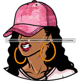Angry Face African American Woman Wearing Hoop Earing And Cap White Teeth Design Element White Background Curly Long Hairstyle SVG JPG PNG Vector Clipart Cricut Silhouette Cut Cutting