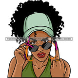 Gangster Melanin Woman Angry Face Showing Middle Finger African American Woman Wearing Sunglass And Hoop Earing Curly Hairstyle White Background SVG JPG PNG Vector Clipart Cricut Silhouette Cut Cutting