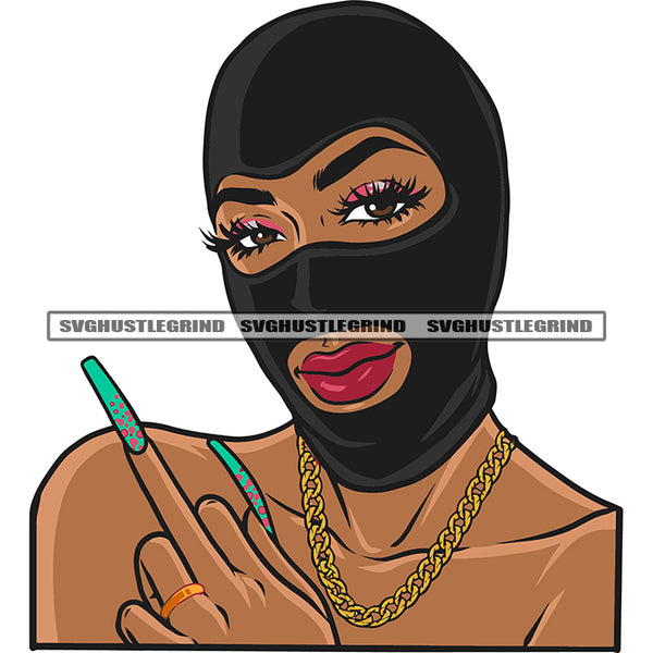 African American Woman Showing Middle Finger Wearing Ski Mask Afro Woman Smile Face Design Element White Background Beautiful Eyes SVG JPG PNG Vector Clipart Cricut Silhouette Cut Cutting