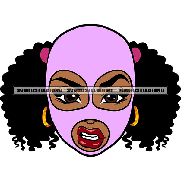 African American Woman Angry Face Woman Wearing Ski Mask Curly Hairstyle Afro Woman Wearing Hoop Earing Design Element White Background SVG JPG PNG Vector Clipart Cricut Silhouette Cut Cutting