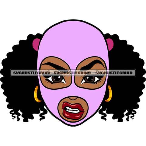 African American Woman Angry Face Woman Wearing Ski Mask Curly Hairstyle Afro Woman Wearing Hoop Earing Design Element White Background SVG JPG PNG Vector Clipart Cricut Silhouette Cut Cutting