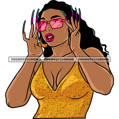 Sexy African American Woman Hand Holding Sunglass Curly Long Hairstyle Melanin Woman Long Nail Design Element White Background SVG JPG PNG Vector Clipart Cricut Silhouette Cut Cutting