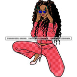 Gangster African American Woman Sitting Pose Hand Holding Sunglass Curly Long Hairstyle Long Nail Design Element White Background SVG JPG PNG Vector Clipart Cricut Silhouette Cut Cutting