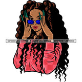 Gangster African American Woman Head Design Hand Holding Sunglass Curly Long Hairstyle Long Nail Design Element White Background SVG JPG PNG Vector Clipart Cricut Silhouette Cut Cutting