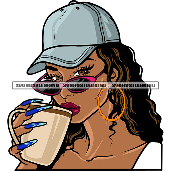 Gangster African American Girls Wearing Sunglass And Hoop Earing Cap Design Element Curly Long Hairstyle Hand Holding Coffee Mug Long Nail Deign Element White Background SVG JPG PNG Vector Clipart Cricut Silhouette Cut Cutting