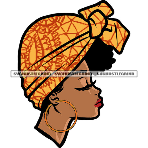 African American Girls Wearing Headwrap And Hoop Earing Close Eyes Afro Hairstyle Design Element White Background SVG JPG PNG Vector Clipart Cricut Silhouette Cut Cutting