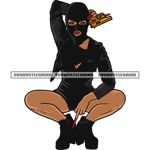 Gangster African American Woman Sitting Pose Showing Middle Finger And Hand Holding Gun Melanin Woman Wearing Ski Mask Design Element White Background SVG JPG PNG Vector Clipart Cricut Silhouette Cut Cutting