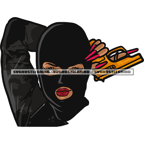 African American Girls Hand Holding Gun Melanin Woman Wearing Ski Mask Beautiful Face Design Element White Background SVG JPG PNG Vector Clipart Cricut Silhouette Cut Cutting