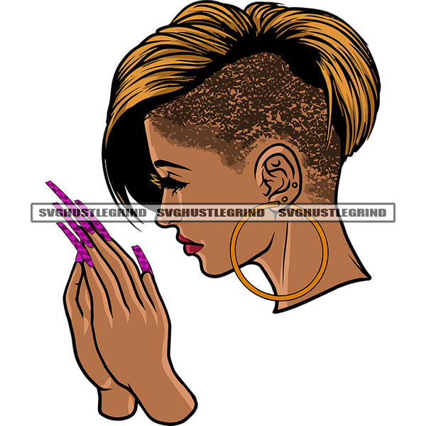 Hard Praying Hand African American Woman Side Face Design Element Afro Girls Hand Long Nail Melanin Woman Waring Hoop Earing White Background SVG JPG PNG Vector Clipart Cricut Silhouette Cut Cutting