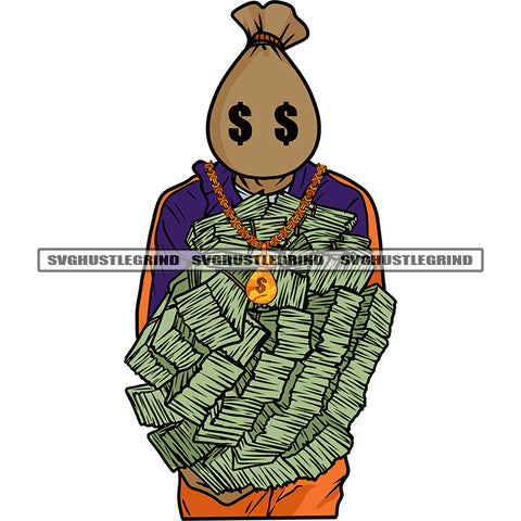 Funny Money Bag Cartoon Character Head Mask Design Element Character Holding Money Bundle Dollar Sign On Eyes Wearing Chain White Background SVG JPG PNG Vector Clipart Cricut Silhouette Cut Cutting