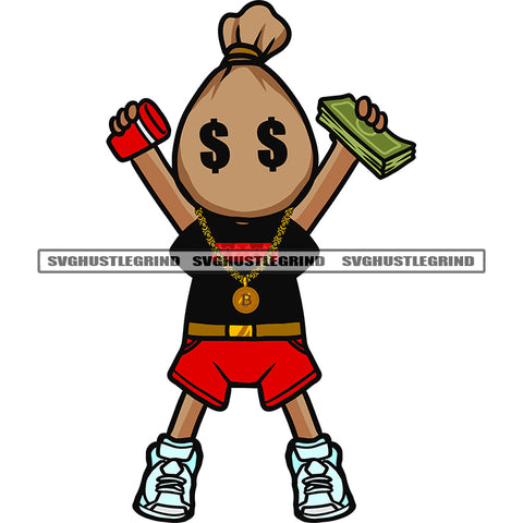 Funny Money Bag Cartoon Character Head Design Element Hand Holding Money Note And Coffee Mug Character Hund Up SVG JPG PNG Vector Clipart Cricut Silhouette Cut Cutting