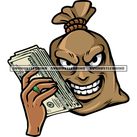 Funny Money Cartoon Character Hand Holding Money Bundle Character Smile Face Design Element SVG JPG PNG Vector Clipart Cricut Silhouette Cut Cutting