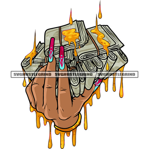 Woman Hand Holding African American Woman Hand Holding Money Bundle Afro Long Nail Honey Dripping Design Element White Background SVG JPG PNG Vector Clipart Cricut Silhouette Cut Cutting