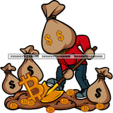 Money Bag Head Cartoon Character Digging Bitcoin Lot Of Bitcoin And Money Bag On Floor Design Element White Background Dollar Sign On Character Eyes SVG JPG PNG Vector Clipart Cricut Silhouette Cut Cutting