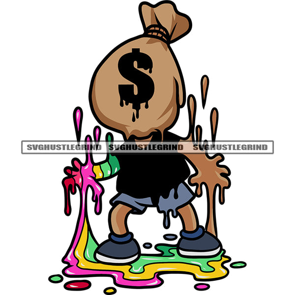 Baby Cartoon Character Money Bag Head Design Element Rainbow Color Dripping White Background Dollar Sign On Character Eyes SVG JPG PNG Vector Clipart Cricut Silhouette Cut Cutting