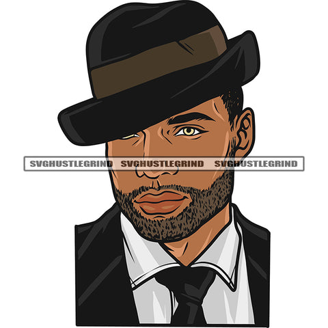 Gangster African Boy Wearing Hat Smile Face Afro Short Beard Short Style Design Element White Background SVG JPG PNG Vector Clipart Cricut Silhouette Cut Cutting