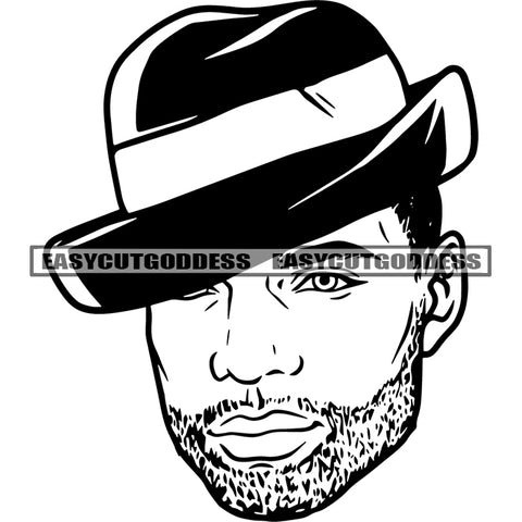 Black And White Gangster African Boy Wearing Hat Smile Face Afro Short Beard Short Style Design Element BW SVG JPG PNG Vector Clipart Cricut Silhouette Cut Cutting