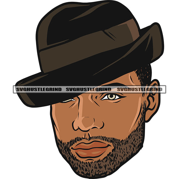 Gangster African Boy Wearing Hat Smile Face Afro Short Beard Short Style Design Element White Background SVG JPG PNG Vector Clipart Silhouette Cut Cutting