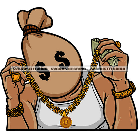 Money Bag Head Cartoon Character Hand Holding Chain And Money Note Design Element Gangster Afro American Woman White Background SVG JPG PNG Vector Clipart Cricut Silhouette Cut Cutting