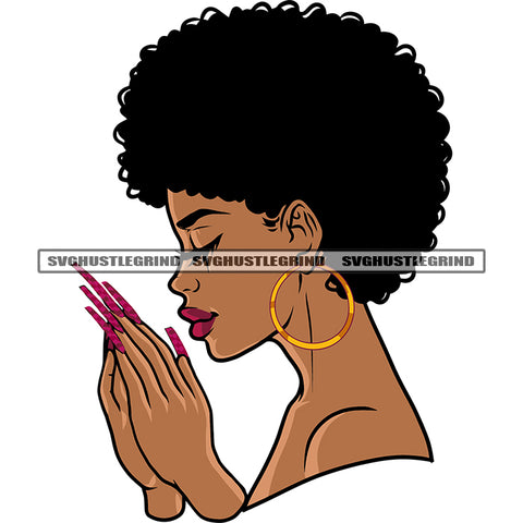 Side Look Hard Praying Hand Close Eyes Smile Face African American Woman Hairstyle Afro Girls Wearing Sunglass Design Element Afro Gils Long Nail White Background SVG JPG PNG Vector Clipart Cricut Silhouette Cut Cutting