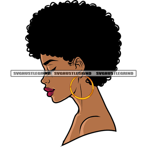 Melanin Woman Side Face Design Element African American Woman Wearing Hoop Earing Close Eyes Afro Puffy Hairstyle SVG JPG PNG Vector Clipart Cricut Silhouette Cut Cutting