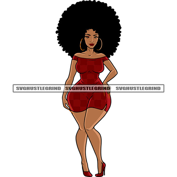 Sexy African American Woman Standing Smile Face Wearing Hoop Earing Puffy Hairstyle Design Element White Background SVG JPG PNG Vector Clipart Cricut Silhouette Cut Cutting