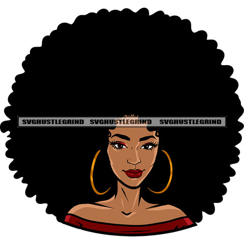 Smile Face African American Woman Puffy Hairstyle Afro Girls Wearing Hoop Earing Design Element White Background SVG JPG PNG Vector Clipart Cricut Silhouette Cut Cutting