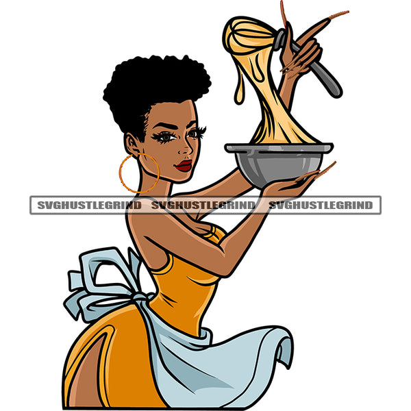 Sexy African American Housewife Make Candy Design Element Afro Girls Wearing Hoop Earing Smile Face White Background SVG JPG PNG Vector Clipart Cricut Silhouette Cut Cutting