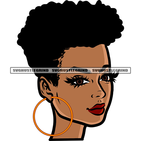 Smile Face African American Girls Face Design Element Afro Girls Wearing Hoop Earing Afro Short Hairstyle White Background SVG JPG PNG Vector Clipart Cricut Silhouette Cut Cutting