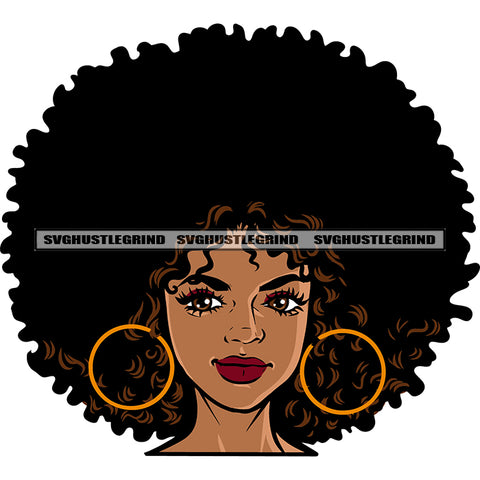 Smile Face African American Girls Wearing Hoop Earing Puffy Hairstyle Design Element Melanin Woman Beautiful Eyes SVG JPG PNG Vector Clipart Cricut Silhouette Cut Cutting