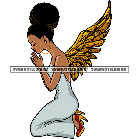 Hard Praying Hand African American Woman Sitting Pose Afro Gils Wings Afro Hairstyle Design Element Close Eyes White Background SVG JPG PNG Vector Clipart Cricut Silhouette Cut Cutting