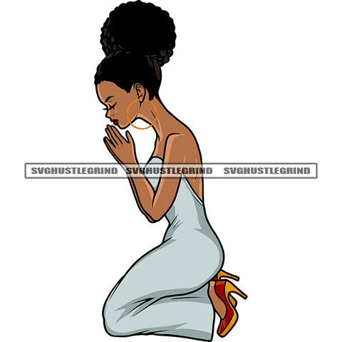 Hard Praying Hand African American Woman Sitting Pose Afro Gils Wearing Hoop Earing Afro Hairstyle Design Element Close Eyes White Background SVG JPG PNG Vector Clipart Cricut Silhouette Cut Cutting