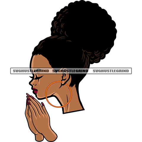 African American Gangster Woman Hard Praying Hand Afro Girls Close Eyes Afro Short Hairstyle Design Element White Background SVG JPG PNG Vector Clipart Cricut Silhouette Cut Cutting