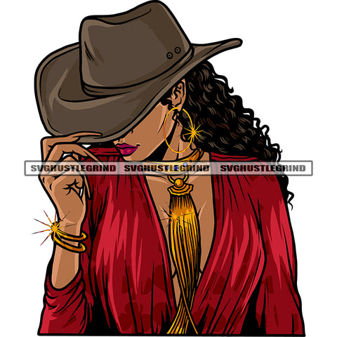Gangster African American Woman Hand Holding Cowboy Hat Afro Girls Curly Hairstyle Wearing Hoop Earing Design Element Melanin Woman Long Nail SVG JPG PNG Vector Clipart Cricut Silhouette Cut Cutting