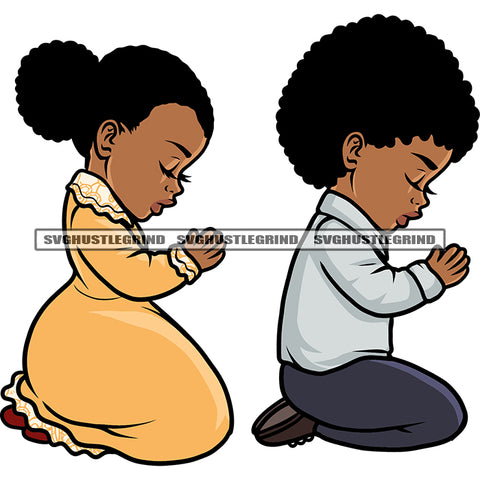 Hard Praying Hand Pose African American Baby Boy And Girls Sitting Pose Design Element Afro Hairstyle White Background Close Eyes SVG JPG PNG Vector Clipart Cricut Silhouette Cut Cutting