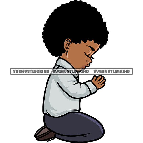 African American Baby Boy Sitting Hard Praying Hand Pose Design Element Melanin Boy Close Eyes White Background SVG JPG PNG Vector Clipart Cricut Silhouette Cut Cutting