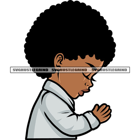 African American Boys Hard Praying Hand Design Element Close Eyes Afro Boys Short Hairstyle White Background SVG JPG PNG Vector Clipart Cricut Silhouette Cut Cutting