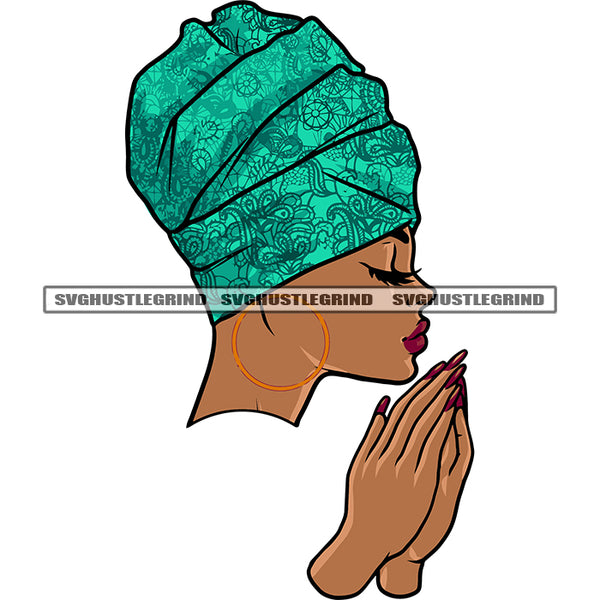 Hard Praying Hand Melanin Woman Close Eyes Side Pose Design Element African American Woman Wearing Hoop Earing White Background Red Lips SVG JPG PNG Vector Clipart Cricut Silhouette Cut Cutting