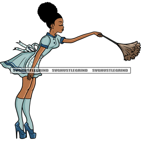 African American Cleaner Girl Standing And Hand Holding Cleaner Brush Afro Girls Close Eyes Afro Short Hairstyle Design Element White Background SVG JPG PNG Vector Clipart Cricut Silhouette Cut Cutting