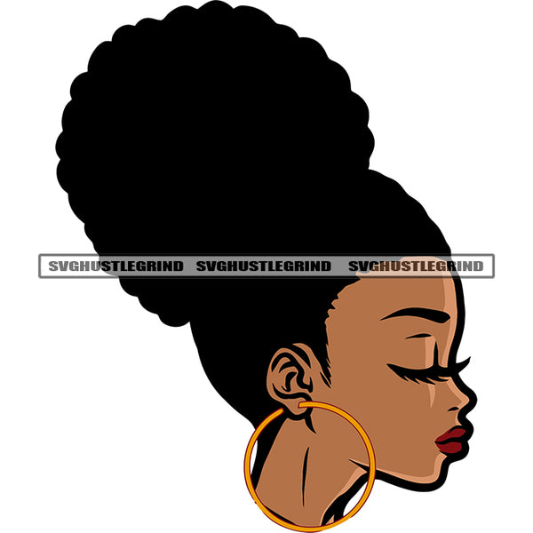 Melanin Woman Close Eyes Side Pose Design Element African American Woman Wearing Hoop Earing White Background Red Lips SVG JPG PNG Vector Clipart Cricut Silhouette Cut Cutting