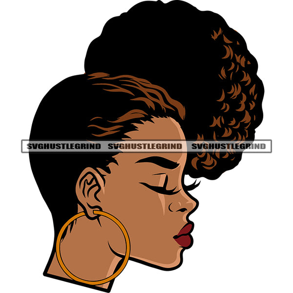 Melanin Woman Close Eyes Side Pose Afro Long Nail Design Element African American Woman Wearing Hoop Earing White Background Red Lips SVG JPG PNG Vector Clipart Cricut Silhouette Cut Cutting