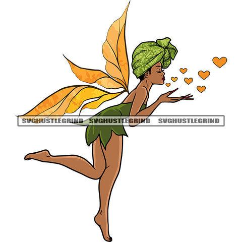 Fairy Blowing Hearts Kisses Pose Design Element Afro Woman Wearing Hairband Fairy With Wings White Background SVG JPG PNG Vector Clipart Cricut Silhouette Cut Cutting